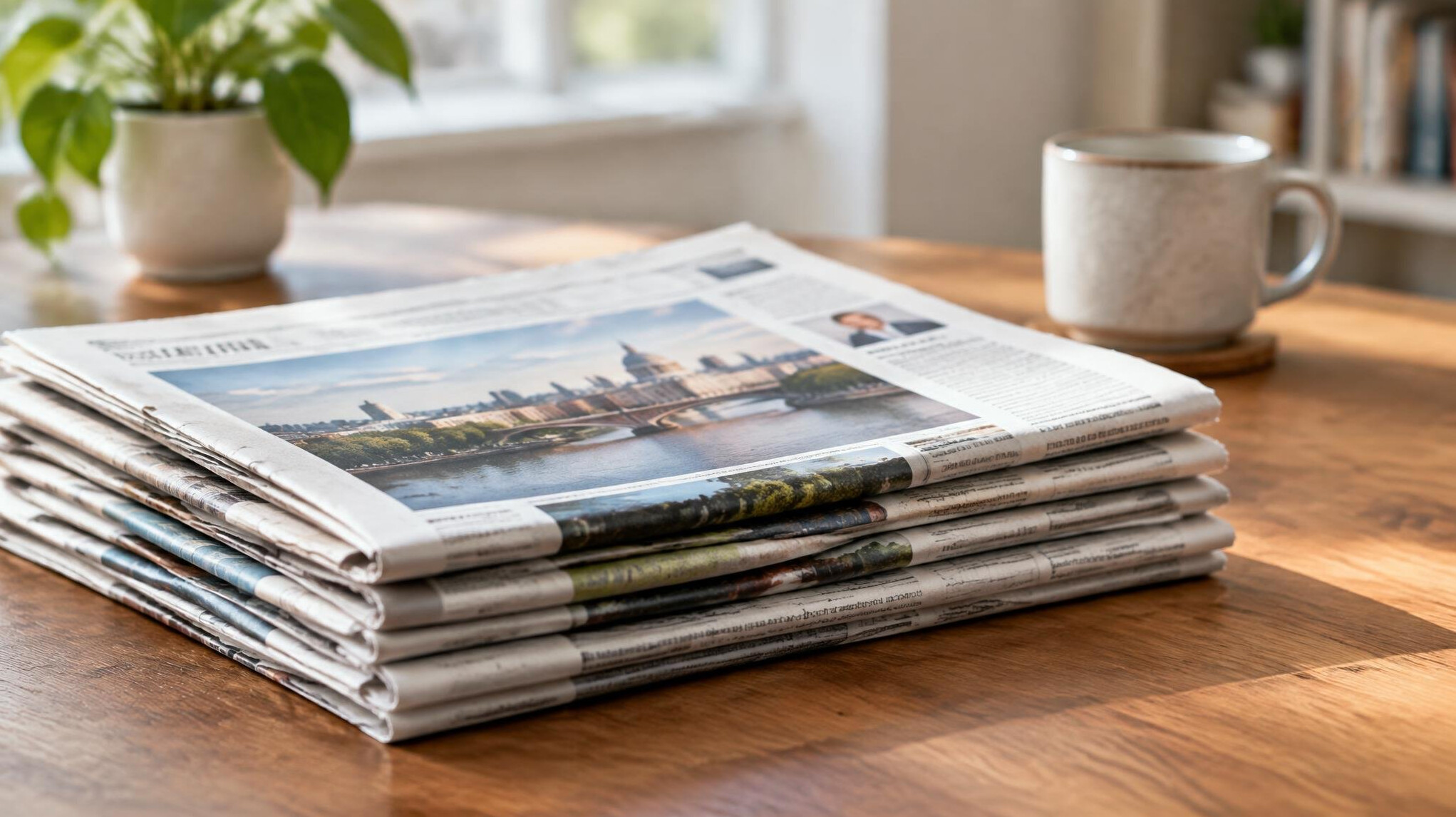 Stack of newspapers on a table