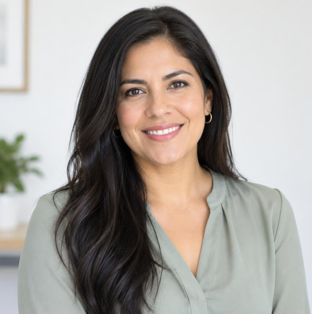 Portrait of a smiling woman with long dark hair