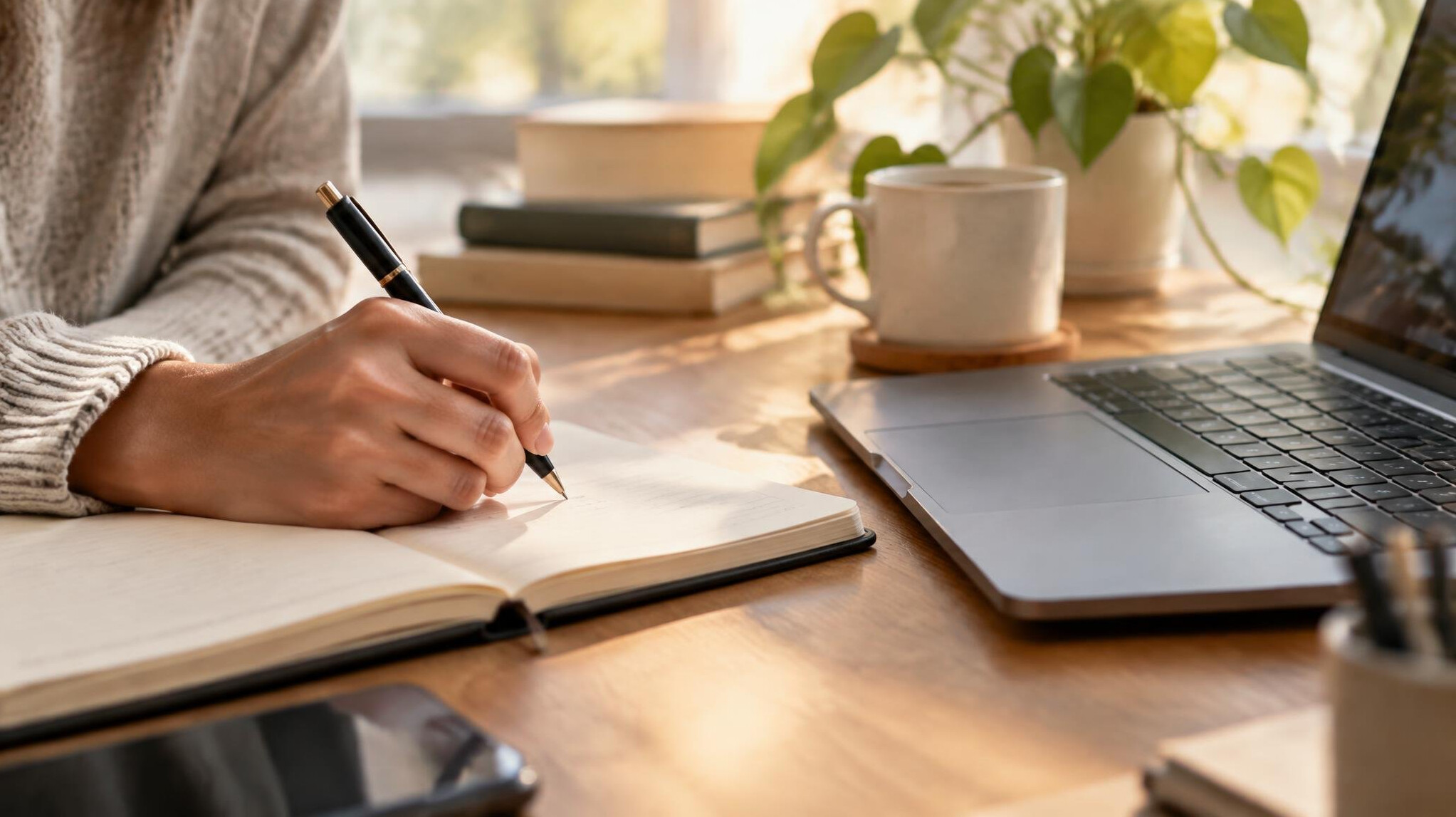 Hand writing in a notebook next to a laptop