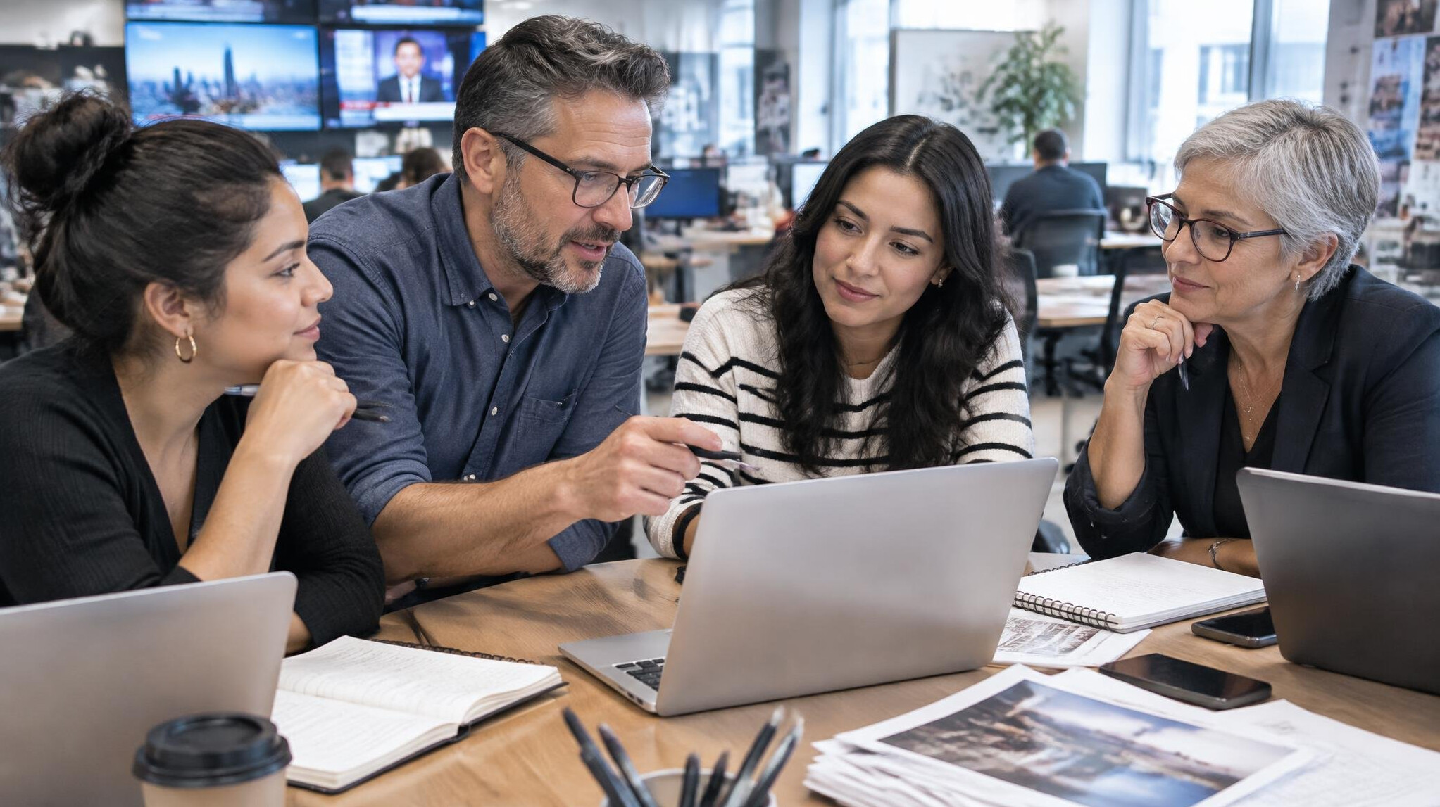 Editorial team meeting around a table
