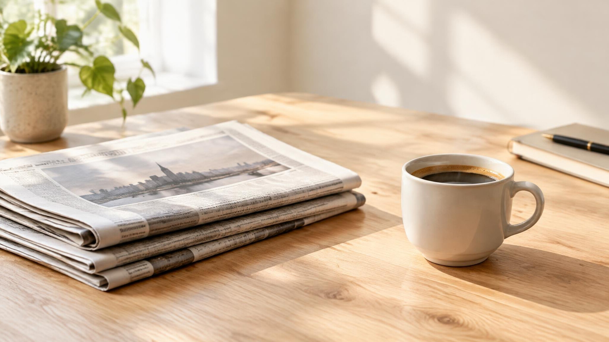 Newspapers and a coffee cup on a desk