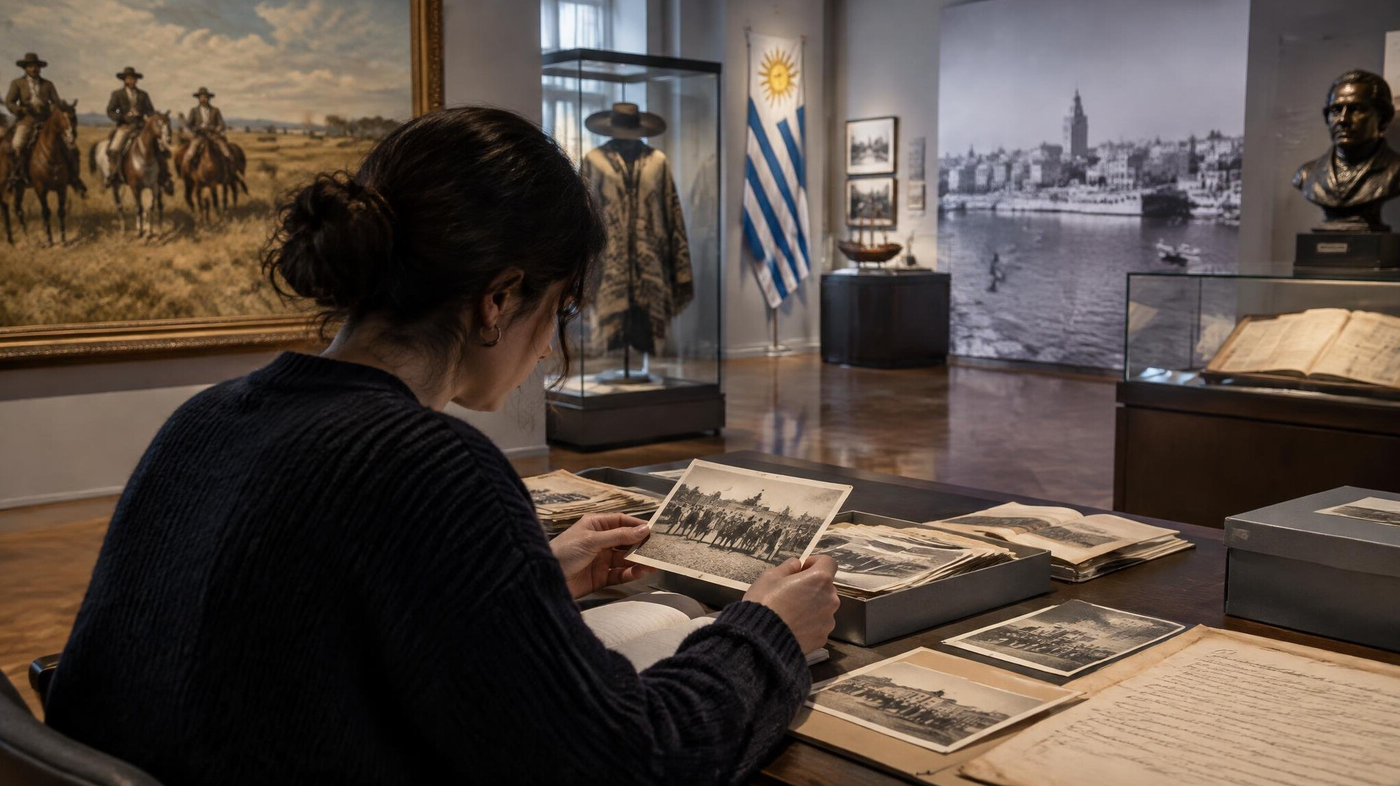 person looking at old photos